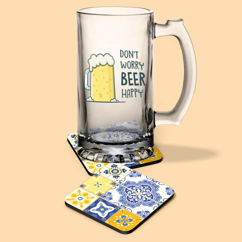 Frosted Beer Mug Don’t Worry Beer Happy AND Coaster Moroccan Pattern